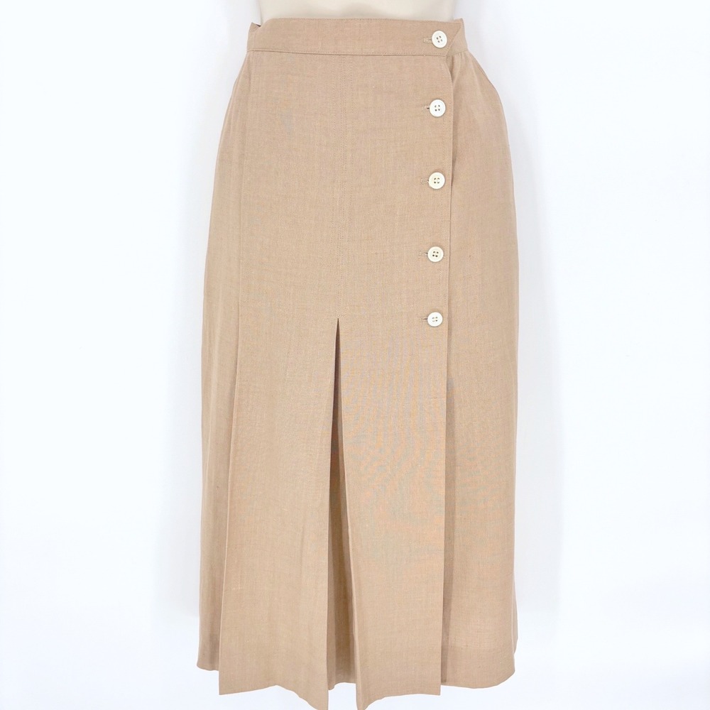 Christian Dior Separates Vintage Tan Linen Button Front Midi Skirt Womens 12